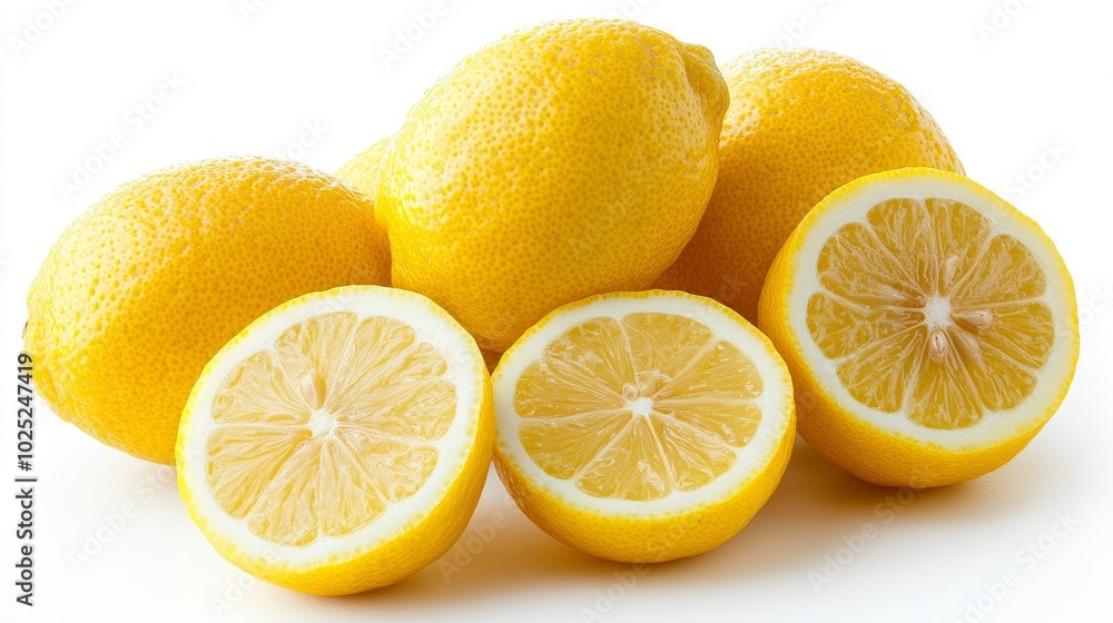 Assortment of lemons and lemon slices, vividly displayed on a white backdrop, showcasing their natural shine Assortment of lemons and lemon slices, vividly displayed on a white backdrop, showcasing their natural shine