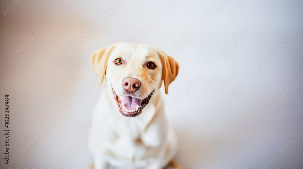A joyful labrador retriever smiling directly at the camera against a bright white background in studio lighting A joyful labrador retriever smiling directly at the camera against a bright white background in studio lighting