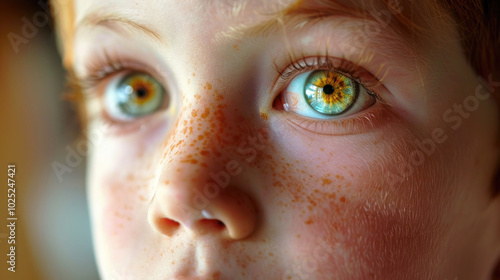 portrait of a boy with freckles and expressive eyes, looking seriously at the camera, close-up.