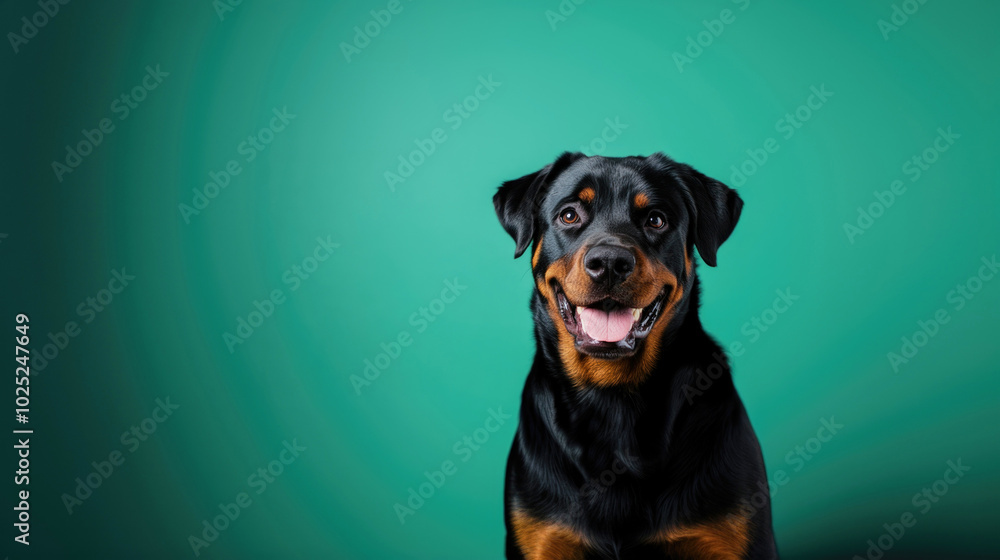 A cheerful Rottweiler gazes directly at the camera against a vibrant green background A cheerful Rottweiler gazes directly at the camera against a vibrant green background