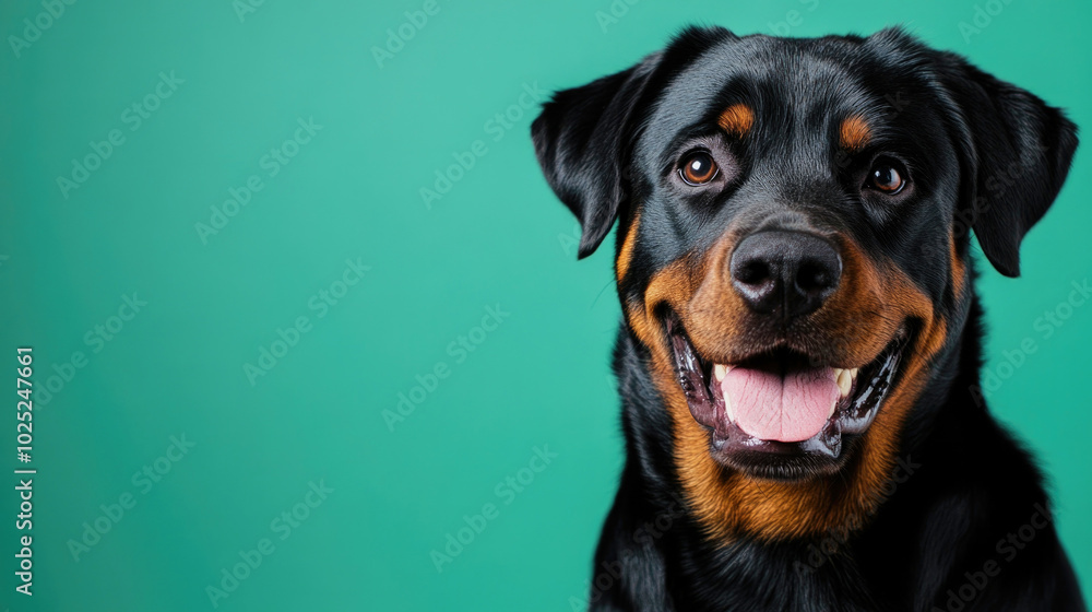 Happy Rottweiler smiling at the camera against a bright green background in a professional studio setting Happy Rottweiler smiling at the camera against a bright green background in a professional studio setting