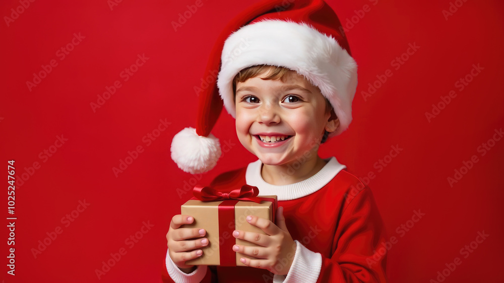 smiling little boy in a Santa hat with present on a red background, a Christmas card smiling little boy in a Santa hat with present on a red background, a Christmas card