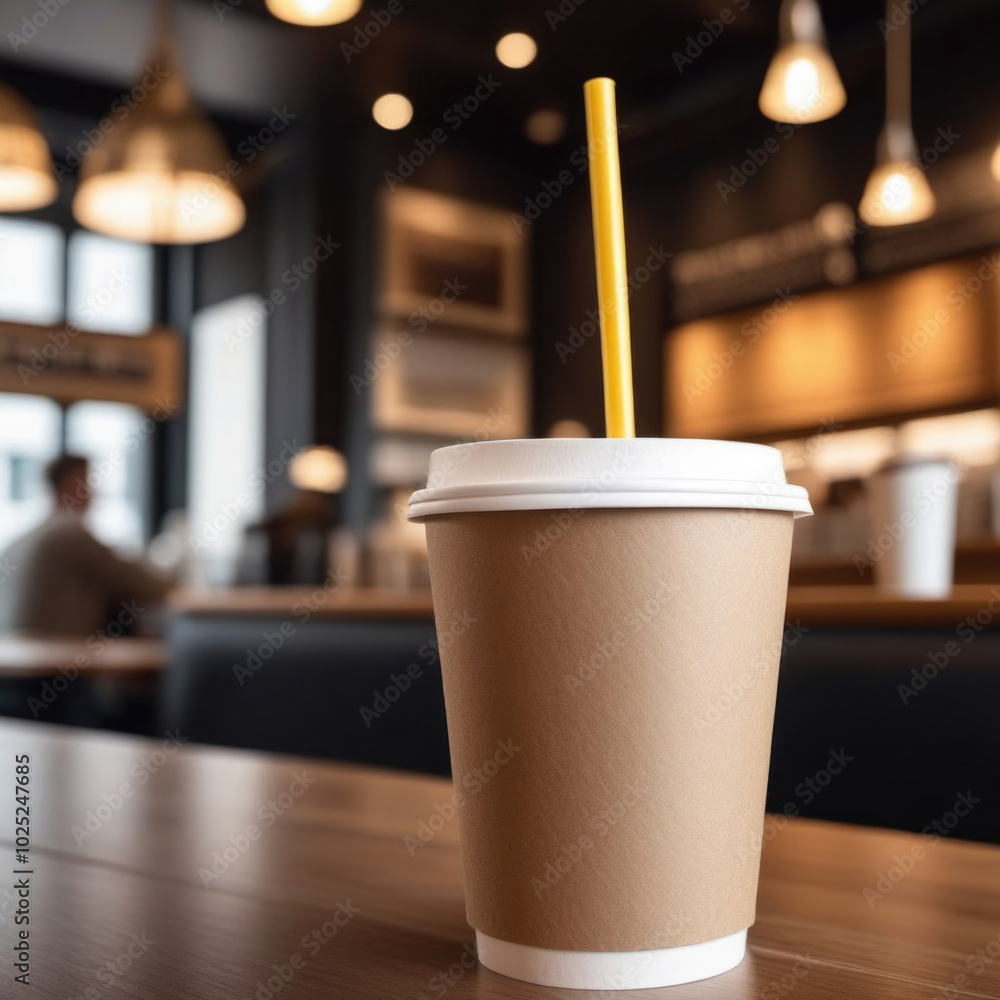 coffee in disposable kraft paper cup and plastic lid mockup on wooden table at cafe. recyclable eco-friendly materials. coffee in disposable kraft paper cup and plastic lid mockup on wooden table at cafe. recyclable eco-friendly materials.