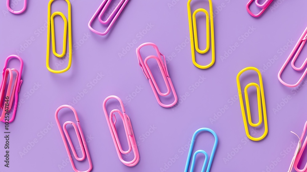 A group of decorative paper clips arranged on a solid purple background A group of decorative paper clips arranged on a solid purple background