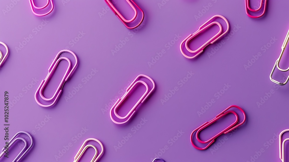 A group of decorative paper clips arranged on a solid purple background A group of decorative paper clips arranged on a solid purple background