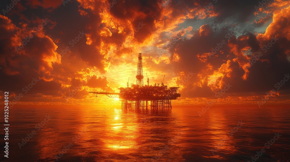 Fototapeta premium An oil rig stands silhouetted against a fiery sunset, reflecting the fiery hues of the sky in the water.