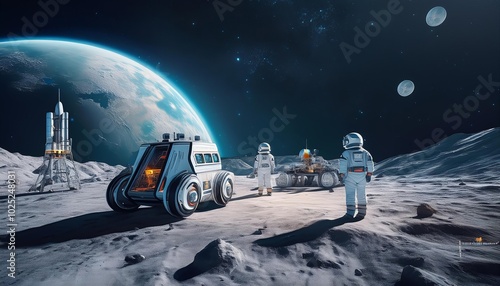 A futuristic scene of  a base on the moon with people working on the base with the Earth in the background. AI Generated image