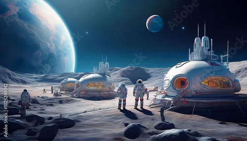 A futuristic scene of  a base on the moon with people working on the base with the Earth in the background. AI Generated image