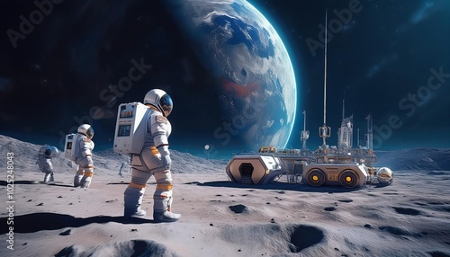 A futuristic scene of  a base on the moon with people working on the base with the Earth in the background. AI Generated image