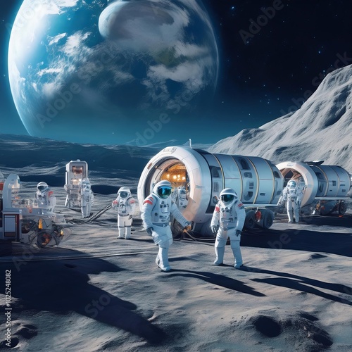 A futuristic scene of  a base on the moon with people working on the base with the Earth in the background. AI Generated image