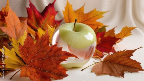 Close-up of green apple with autumn leaves on blurred background, autumn theme photo