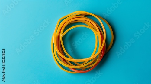 A group of rubber bands arranged in a circle on a solid blue background