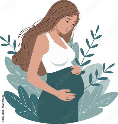 An Illustration of a Pregnant Woman with Flowing Brown Hair and Nature Background