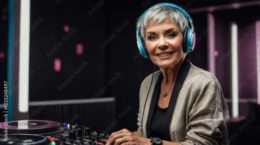 old woman with colored hair behind a DJ booth old woman with colored hair behind a DJ booth