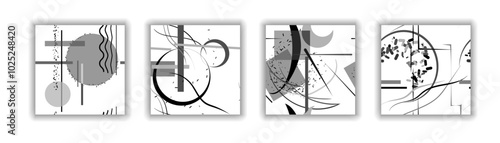 Set of seamless patterns. Black and white, monochrome, geometric shapes, abstract lines. Vector
