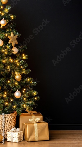 The tall Christmas tree shines with warm lights, nestled in a woven basket against a dark grey background, bringing a cozy holiday spirit to any room