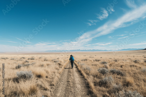 Lone hiker on a vast empty trail with a clear sky overhead