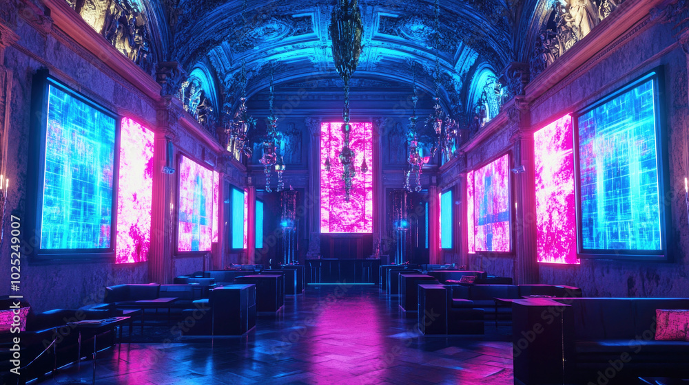 Futuristic cyberpunk café within an ancient castle hall, blending gothic architecture with neon technology Futuristic cyberpunk café within an ancient castle hall, blending gothic architecture with neon technology