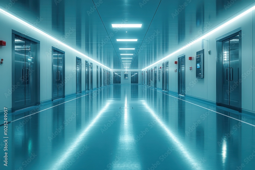 A long, sterile hallway with a reflective floor and bright fluorescent lights. A long, sterile hallway with a reflective floor and bright fluorescent lights.