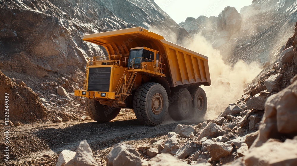 A large yellow dump truck drives through a rocky quarry, kicking up dust as it maneuvers around the terrain. A large yellow dump truck drives through a rocky quarry, kicking up dust as it maneuvers around the terrain.