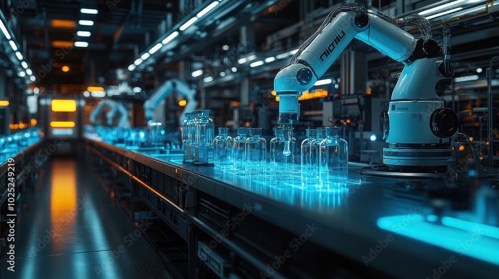 A robotic arm operates on an assembly line in a futuristic factory. A robotic arm operates on an assembly line in a futuristic factory.