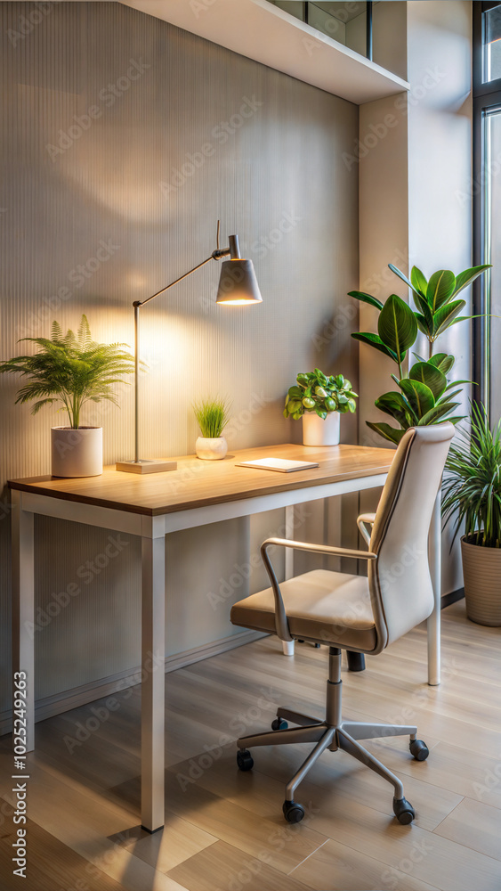 Modern workspace with a wooden desk and plants, bright indoor environment for productivity Modern workspace with a wooden desk and plants, bright indoor environment for productivity