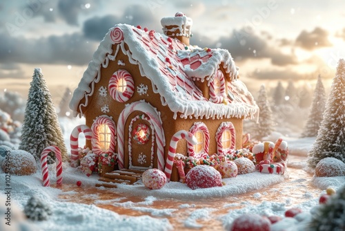 A gingerbread house decorated with candy canes, icing, and colorful sprinkles stands in a snowy forest. The house has a warm glow emanating from its windows.