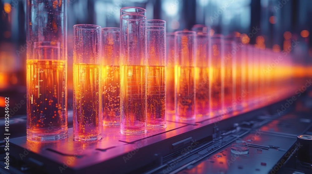 A row of glass test tubes filled with a glowing orange liquid, arranged on a futuristic metal surface. A row of glass test tubes filled with a glowing orange liquid, arranged on a futuristic metal surface.