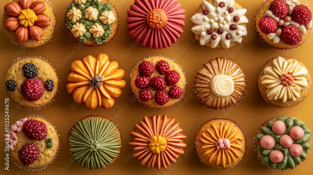 A collection of muffins decorated for the seasons--pumpkin spice for fall, berry for summer, and gingerbread for winter. A collection of muffins decorated for the seasons--pumpkin spice for fall, berry for summer, and gingerbread for winter.