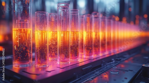 A row of glass test tubes filled with a glowing orange liquid, arranged on a futuristic metal surface.