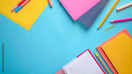 Colorful stationery arranged on a vibrant blue background featuring notebooks, papers, and writing instruments for creative projects photo