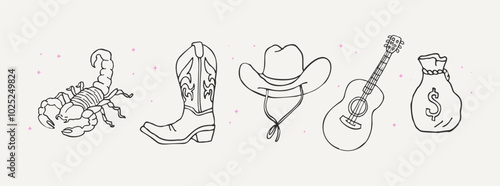 Scorpion, cowboy hat and boot, guitar, bag of coins. Hand-drawn wild west line art graphics. Vintage weird clipart ink elements for logos, posters, prints, social media.	