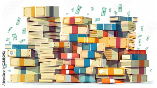 Enormous bundles of paper money arranged in stacks, highlighting wealth accumulation and deposit safety, isolated on white