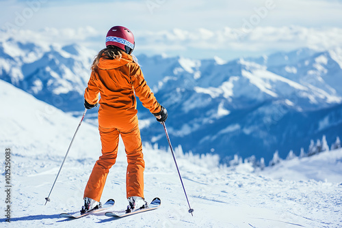 A young girl skiing down a snowy mountain slope, dressed in a vibrant ski suit and equipped with professional ski gear