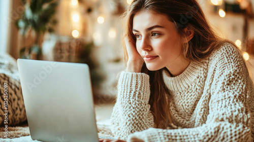 Cozy woman in a white knit sweater focuses on her computer in a relaxed study setting with warm lights