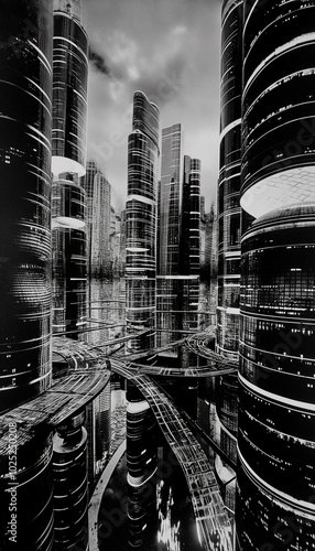 Cyclopean futuristic cityscape with towering skyscrapers and neon lights photo