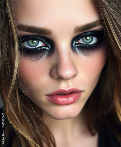 Wallpaper Mural A striking close-up portrait of a woman featuring bold, dramatic eye makeup and soft, natural lips. The intense gaze conveys mystery and allure, accentuated by smoky eyes and subtle freckles.

 Torontodigital.ca