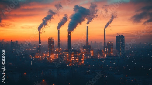 An industrial cityscape at sunset with multiple smokestacks emitting smoke into the air.