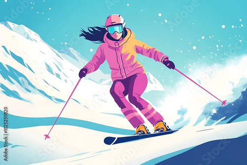 A young girl skiing down a snowy mountain slope, dressed in a vibrant ski suit and equipped with professional ski gear