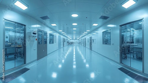 A long  sterile hallway in a modern  industrial facility with glass doors and white walls.