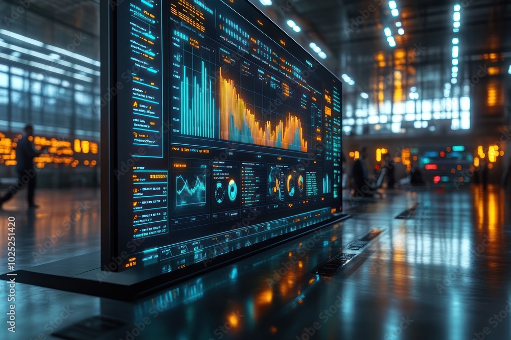 A large digital screen displaying data and graphs in a futuristic, industrial setting. A large digital screen displaying data and graphs in a futuristic, industrial setting.