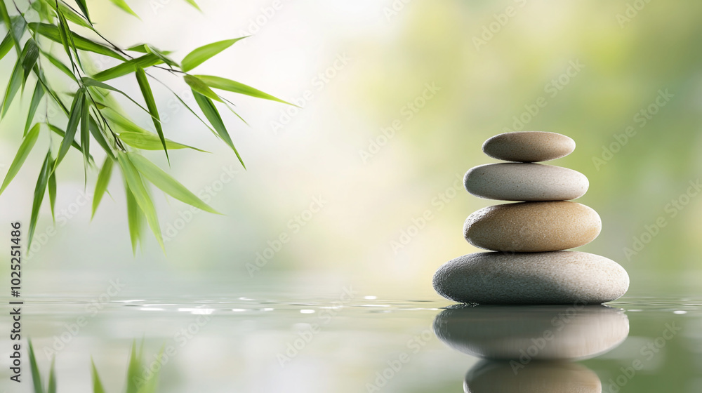Zen Stones Stacked on Water with Bamboo Leaves Background Zen Stones Stacked on Water with Bamboo Leaves Background