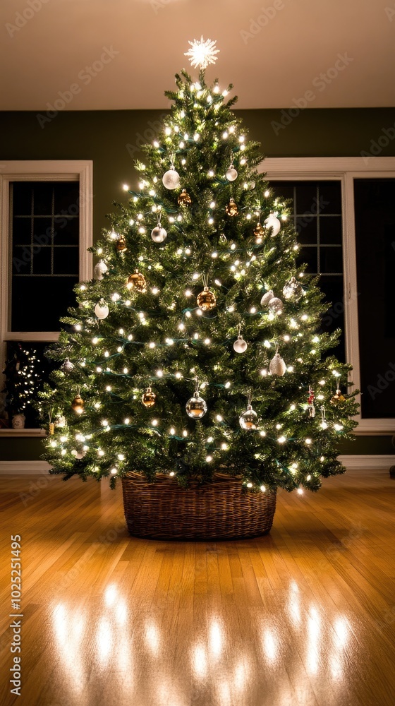 The tall Christmas tree shines with warm lights, nestled in a woven basket against a dark grey background, bringing a cozy holiday spirit to any room The tall Christmas tree shines with warm lights, nestled in a woven basket against a dark grey background, bringing a cozy holiday spirit to any room