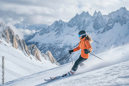 A young girl skiing down a snowy mountain slope, dressed in a vibrant ski suit and equipped with professional ski gear