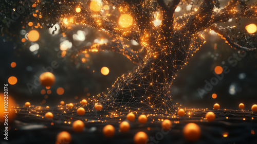 Abstract Digital Tree with Glowing Network and Spheres in Futuristic Setting