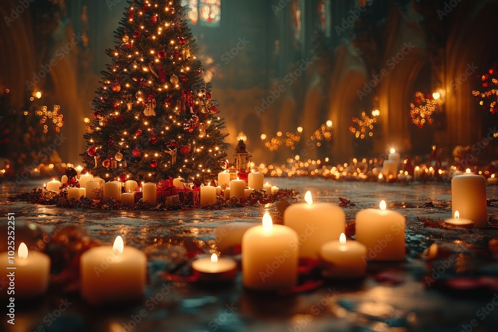 A large Christmas tree stands tall in a dimly lit cathedral, surrounded by dozens of lit candles and festive decorations. A large Christmas tree stands tall in a dimly lit cathedral, surrounded by dozens of lit candles and festive decorations.