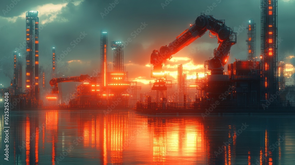 Obraz premium Futuristic cityscape with glowing lights and robotic arms on a waterfront at sunset.