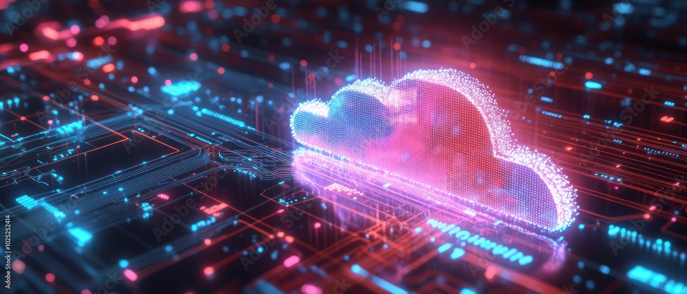 A glowing cloud icon on a futuristic digital circuit board. A glowing cloud icon on a futuristic digital circuit board.