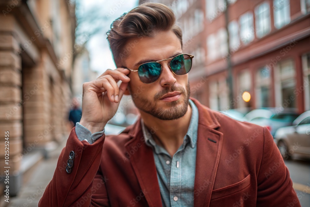 Stylish young man in a brown checkered suit and sunglasses walking confidently on a city street in the afternoon. Generative AI Stylish young man in a brown checkered suit and sunglasses walking confidently on a city street in the afternoon. Generative AI
