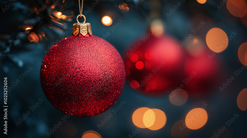 Festive red Christmas ornament adorned with golden snowflake patterns, hanging on a decorated tree branch, glowing softly against a blurred backdrop of holiday lights. Festive red Christmas ornament adorned with golden snowflake patterns, hanging on a decorated tree branch, glowing softly against a blurred backdrop of holiday lights.